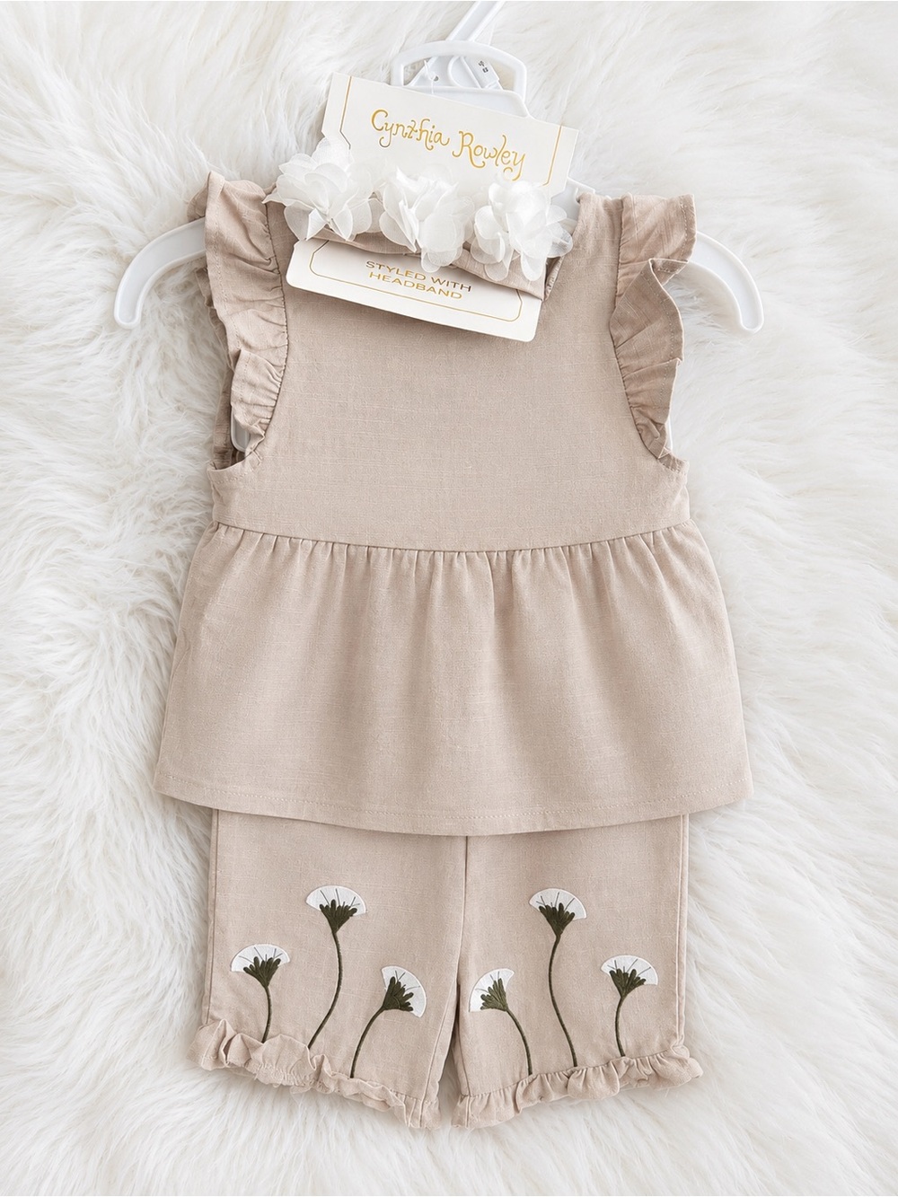 Cynthia Rowley Neutral Beige Floral Toddler Two-Piece Set with Headband